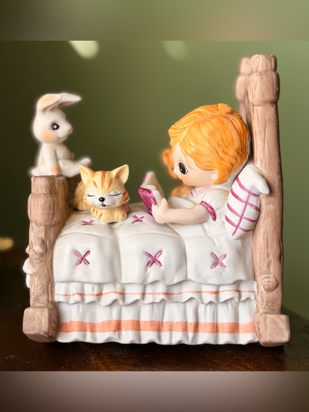 Jody Bergsma Musical Figurine Girl with Cat and Bunny with Teddy Bear Reading